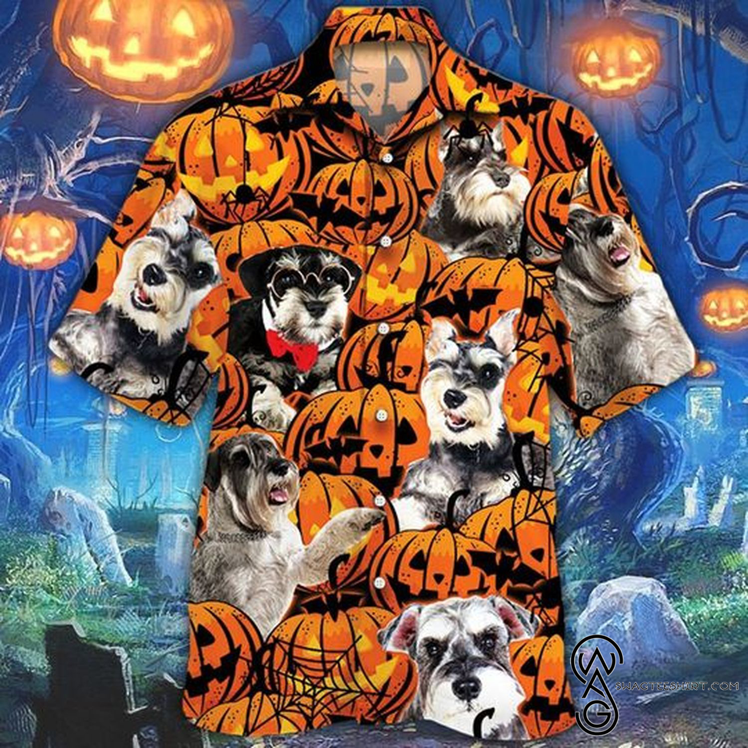 [Top Trending] Schnauzer Dog Lover Pumpkins Halloween Casual Summer Beach Full Printing Hawaiian Shirt